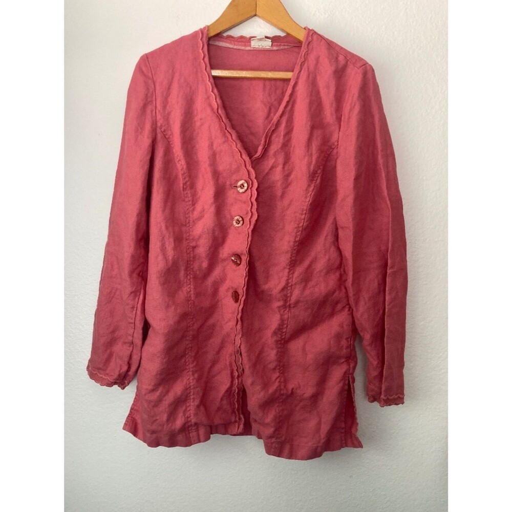 J.Jill 100% Linen Jacket Pink Scalloped Edging Sz Small Lagenlook Layering